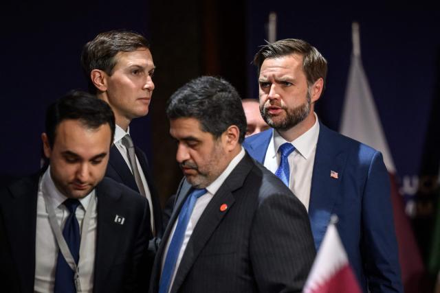 US Vice President JD Vance speaks (R) looks on next to US President's son-in-law Jared Kushner (L) prior to a quadrilateral meeting between the United States, Iran, Pakistan and Qatar at the Burgenstock luxury hotel complex overlooking Lake Lucerne, Switzerland, on June 21, 2026, as part of high-level talks aimed at advancing a deal to end the Middle East conflict. A new round of negotiations over the Middle East war was set to kick off on June 21, 2026 with Iranian negotiators arriving in the Swiss host city hours ahead of US Vice President JD Vance, even as Tehran said it was closing the Strait of Hormuz again over Israeli attacks in Lebanon. (Photo by Fabrice Coffrini / POOL / AFP)