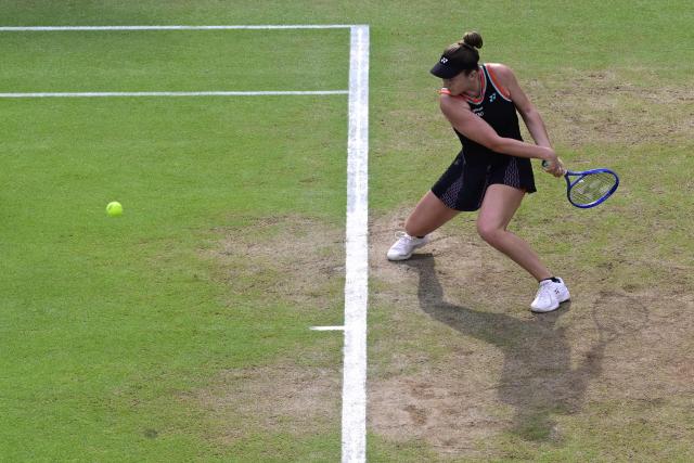 Linda Noskova of the Czech Republic plays the ball to Jessica Pegula of the US during their women's singles final match at the WTA500 Berlin Tennis Open tournament in Berlin on June 21, 2026. (Photo by John MACDOUGALL / AFP)