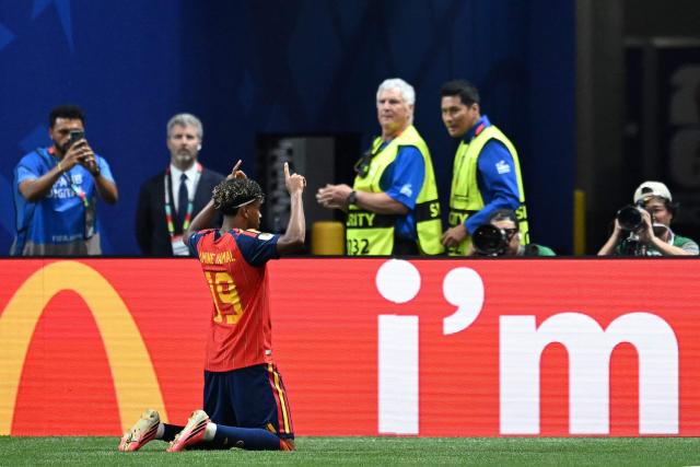 Spain's forward #19 Lamine Yamal celebrates after scoring the opening goal during the 2026 World Cup Group H football match between Spain and Saudi Arabia at the Atlanta Stadium in Atlanta on June 21, 2026.  (Photo by ROBERTO SCHMIDT / AFP)