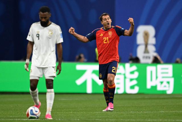 Spain's forward #21 Mikel Oyarzabal celebrates after scoring his team's second goal during the 2026 World Cup Group H football match between Spain and Saudi Arabia at the Atlanta Stadium in Atlanta on June 21, 2026.  (Photo by ROBERTO SCHMIDT / AFP)