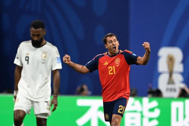Spain's forward #21 Mikel Oyarzabal celebrates after scoring his team's second goal  during the 2026 World Cup Group H football match between Spain and Saudi Arabia at the Atlanta Stadium in Atlanta on June 21, 2026.  (Photo by ROBERTO SCHMIDT / AFP)