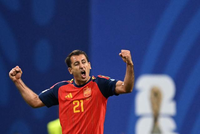 Spain's forward #21 Mikel Oyarzabal celebrates after scoring his team's second goal  during the 2026 World Cup Group H football match between Spain and Saudi Arabia at the Atlanta Stadium in Atlanta on June 21, 2026.  (Photo by ROBERTO SCHMIDT / AFP)