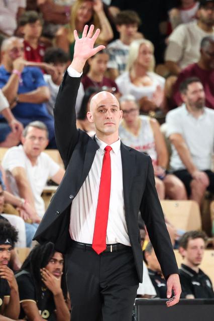 AS Monaco Basket Ukraine's head coach Sergiy Gladyr reacts during the French Ligue Nationale de Basket (LNB Elite) Pro A final match between AS Monaco Basket and Paris Basketball, at the Gaston Medecin arena in Monaco on June 21, 2026. (Photo by Valery HACHE / AFP)