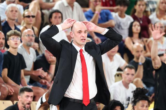 AS Monaco Basket Ukraine's head coach Sergiy Gladyr reacts during the French Ligue Nationale de Basket (LNB Elite) Pro A final match between AS Monaco Basket and Paris Basketball, at the Gaston Medecin arena in Monaco on June 21, 2026. (Photo by Valery HACHE / AFP)