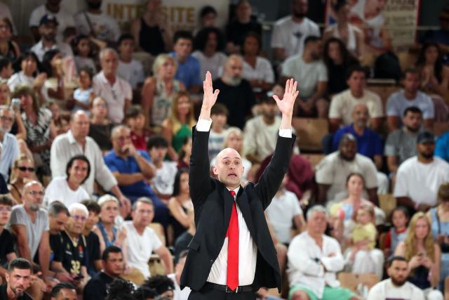 AS Monaco Basket Ukraine's head coach Sergiy Gladyr reacts during the French Ligue Nationale de Basket (LNB Elite) Pro A final match between AS Monaco Basket and Paris Basketball, at the Gaston Medecin arena in Monaco on June 21, 2026. (Photo by Valery HACHE / AFP)