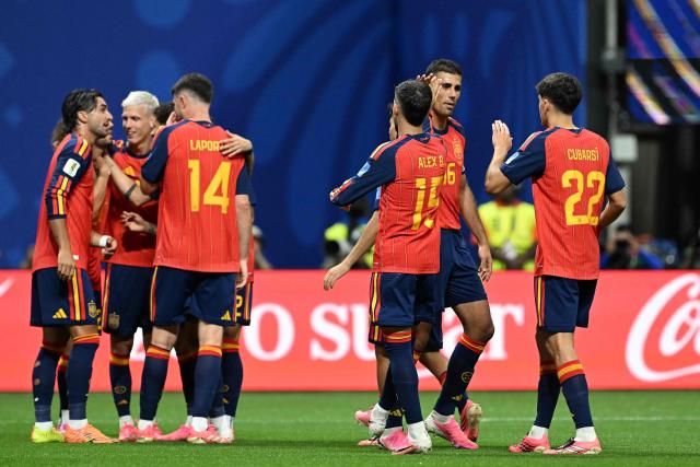 Spain's players celebrate their fourth goal  during the 2026 World Cup Group H football match between Spain and Saudi Arabia at the Atlanta Stadium in Atlanta on June 21, 2026.  (Photo by ROBERTO SCHMIDT / AFP)