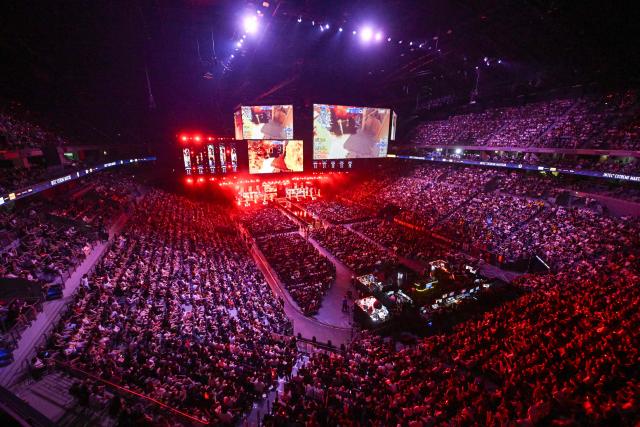 An overview shows the grand final between FURIA Esports und Team Falcons of the IEM Cologne Major 2026 Counter Strike tournament at the Lanxess Arena in Cologne, western Germany on June 21, 2026. (Photo by Ina FASSBENDER / AFP)