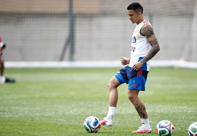 Colombia's midfielder #05 Kevin Castano takes part in a training session at the Academia Atlas FC in Zapopan, near Guadalajara, Mexico on June 21, 2026, during the 2026 World Cup football tournament.  (Photo by Ulises RUIZ / AFP)