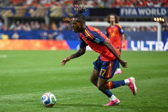 Spain's forward #17 Nico Williams during the 2026 World Cup Group H football match between Spain and Saudi Arabia at the Atlanta Stadium in Atlanta on June 21, 2026.  (Photo by ROBERTO SCHMIDT / AFP)