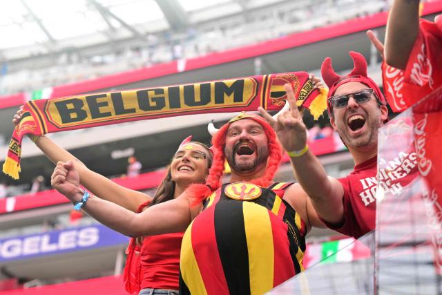 Belgian fans cheer for their team ahead of the 2026 World Cup Group G football match between Belgium and Iran at the Los Angeles Stadium in Inglewood on June 21, 2026.  (Photo by Frederic J. Brown / AFP)
