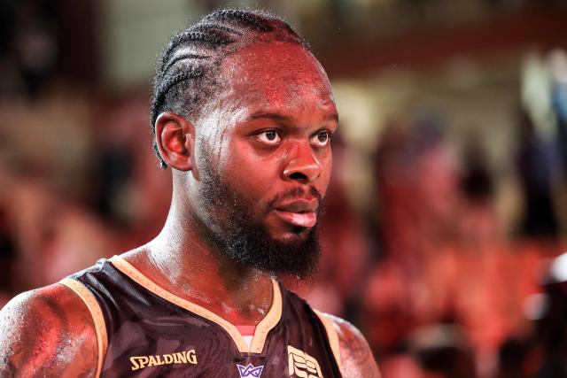 AS Monaco's French centre #05 Yoan Makoundou reacts at the end of the French Ligue Nationale de Basket (LNB Elite) Pro A game four of the final between AS Monaco Basket and Paris Basketball, at the Gaston Medecin arena in Monaco on June 21, 2026. (Photo by Valery HACHE / AFP)