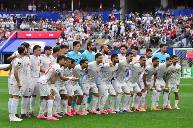 Iran's players pose for a picture ahead of the 2026 World Cup Group G football match between Belgium and Iran at the Los Angeles Stadium in Inglewood on June 21, 2026.  (Photo by Frederic J. Brown / AFP)