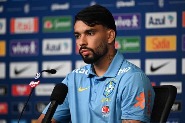 Brazil's midfielder #20 Lucas Paqueta gives a press conference at the Columbia Park Training Facility in Morristown, New Jersey on June 21, 2026, during the 2026 World Cup football tournament.  (Photo by Mauro PIMENTEL / AFP)