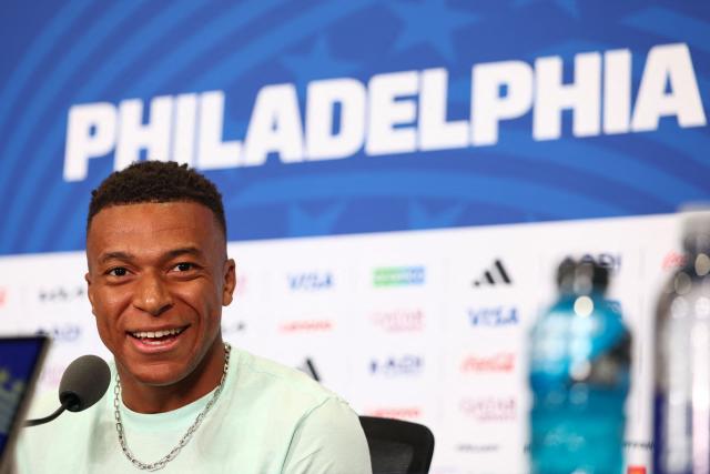 France's forward #10 Kylian Mbappe gives an MD-1 press conference at the Philadelphia Stadium in Philadelphia on June 21, 2026, on the eve of the 2026 World Cup Group I football match between France and Iraq.  (Photo by Franck FIFE / AFP)
