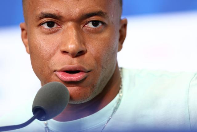 France's forward #10 Kylian Mbappe gives an MD-1 press conference at the Philadelphia Stadium in Philadelphia on June 21, 2026, on the eve of the 2026 World Cup Group I football match between France and Iraq.  (Photo by Franck FIFE / AFP)