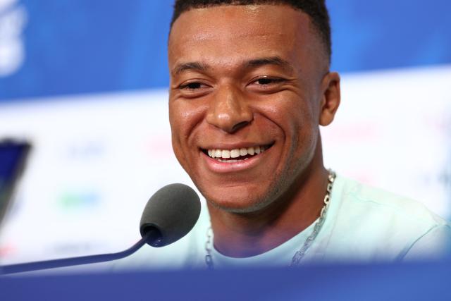 France's forward #10 Kylian Mbappe gives an MD-1 press conference at the Philadelphia Stadium in Philadelphia on June 21, 2026, on the eve of the 2026 World Cup Group I football match between France and Iraq.  (Photo by Franck FIFE / AFP)