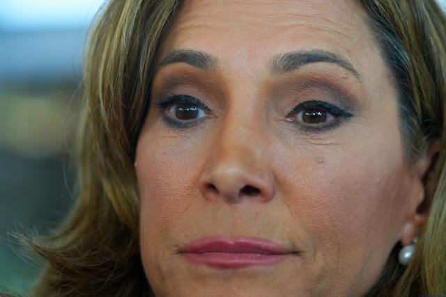 US Representative Maria Elvira Salazar looks on during a press conference during the presidential election runoff in Barranquilla, Colombia, on June 21, 2026. (Photo by Vanexa Romero / AFP)