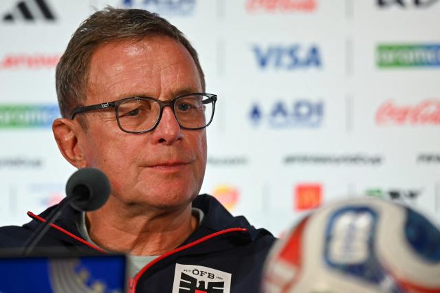 Austria's German head coach Ralf Rangnick gives an MD-1 press conference at the Dallas Stadium in Arlington on June 21, 2026, on the eve of the 2026 World Cup Group J football match between Argentina and Austria. (Photo by Paul ELLIS / AFP)