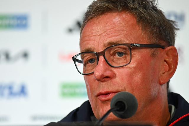 Austria's German head coach Ralf Rangnick gives an MD-1 press conference at the Dallas Stadium in Arlington on June 21, 2026, on the eve of the 2026 World Cup Group J football match between Argentina and Austria. (Photo by Paul ELLIS / AFP)