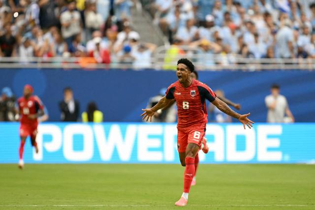 Cape Verde's midfielder #06 Kevin Pina celebrates after scoring his team's first goal during the 2026 World Cup Group H football match between Uruguay and Cape Verde at the Miami Stadium in Miami Gardens on June 21, 2026.  (Photo by CHANDAN KHANNA / AFP)