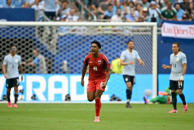Cape Verde's midfielder #06 Kevin Pina celebrates after scoring his team's first goal during the 2026 World Cup Group H football match between Uruguay and Cape Verde at the Miami Stadium in Miami Gardens on June 21, 2026.  (Photo by CHANDAN KHANNA / AFP)