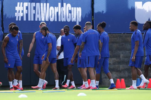 France's forward #07 Ousmane Dembele (C) and forward #10 Kylian Mbappe (2nd R) take part in an MD-1 training session at the University of Pennsylvania in Philadelphia on June 21, 2026, on the eve of the 2026 World Cup Group I football match between France and Iraq. (Photo by Franck FIFE / AFP)