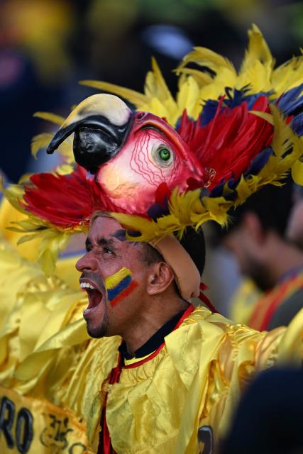 A supporter of Colombia's presidential candidate for the Defensores de la Patria movement, Abelardo de la Espriella, wearing a macaw hat, reacts after the first results of the presidential election runoff at the Ventana al Mundo monument in Barranquilla, Colombia, on June 21, 2026. Colombians voted on June 21 in a polarized presidential runoff that could reshape the country's fragile peace process and relations with the United States, after the most violent election campaign in a decade. (Photo by Juan BARRETO / AFP)