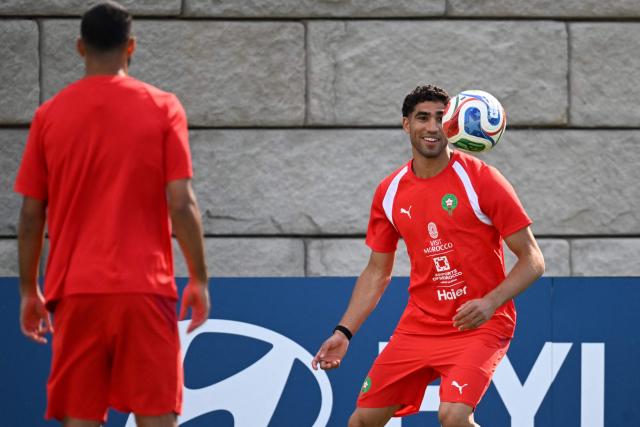 Morocco's defender #02 Achraf Hakimi takes part in a training session at The Pingry School in Basking Ridge, New Jersey on June 21, 2026, during the 2026 World Cup football tournament. (Photo by Mauro PIMENTEL / AFP)
