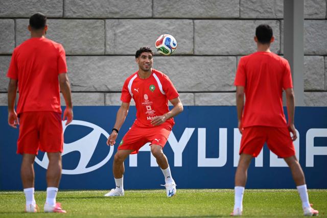 Morocco's defender #02 Achraf Hakimi takes part in a training session at The Pingry School in Basking Ridge, New Jersey on June 21, 2026, during the 2026 World Cup football tournament. (Photo by Mauro PIMENTEL / AFP)
