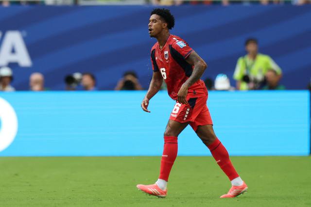 Cape Verde's midfielder #06 Kevin Pina reacts after scoring his team's first goal during the 2026 World Cup Group H football match between Uruguay and Cape Verde at the Miami Stadium in Miami Gardens on June 21, 2026.  (Photo by PATRICIA DE MELO MOREIRA / AFP)
