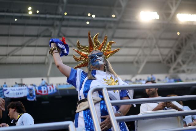 An Uruguayan fan gestures during the 2026 World Cup Group H football match between Uruguay and Cape Verde at the Miami Stadium in Miami Gardens on June 21, 2026.  (Photo by PATRICIA DE MELO MOREIRA / AFP)
