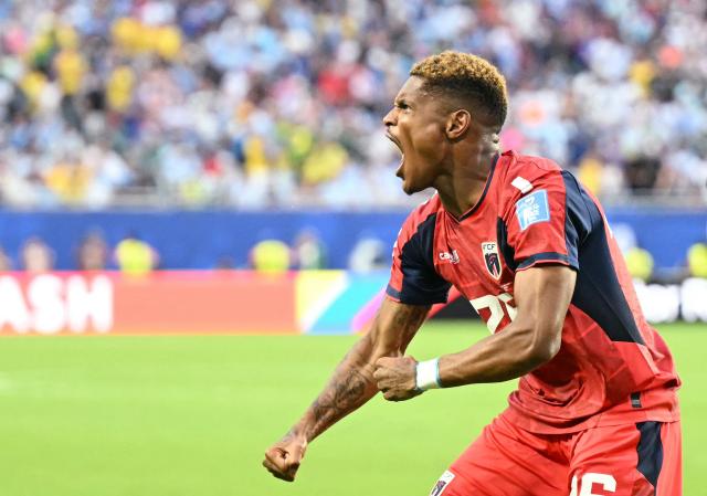 Cape Verde's forward #26 Helio Varela celebrates after scoring his team's second goal during the 2026 World Cup Group H football match between Uruguay and Cape Verde at the Miami Stadium in Miami Gardens on June 21, 2026.  (Photo by CHANDAN KHANNA / AFP)