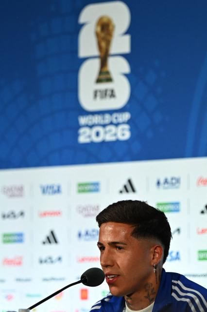 Argentina's midfielder #24 Enzo Fernandez gives an MD-1 press conference at the Dallas Stadium in Arlington on June 21, 2026, on the eve of the 2026 World Cup Group J football match between Argentina and Austria.  (Photo by Paul ELLIS / AFP)