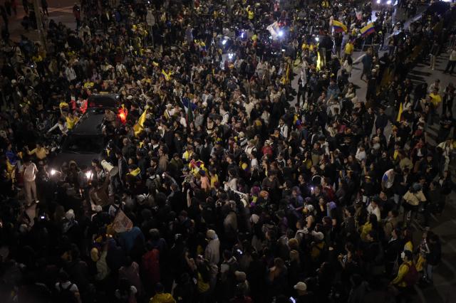 Supporters of Colombia's presidential candidate Ivan Cepeda of the ruling Pacto Historico party gather following the preliminary results of the presidential runoff election in Bogota on June 21, 2026. A flamboyant US-backed lawyer who has never held public office narrowly won Colombia's presidential runoff on June 21, swinging the country hard to the right on a promise to wage war against drug-running guerrilla groups. With more than 99 percent of polling centers reporting, Abelardo de la Espriella had 49.67 percent of the vote, an unassailable lead over his rival, left-wing Senator Ivan Cepeda who trailed at 48.69 percent, according to official results. (Photo by Sebastian BARROS / AFP)