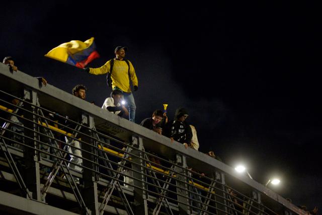 Supporters of Colombia's presidential candidate Ivan Cepeda of the ruling Pacto Historico party gather following the preliminary results of the presidential runoff election in Bogota on June 21, 2026. A flamboyant US-backed lawyer who has never held public office narrowly won Colombia's presidential runoff on June 21, swinging the country hard to the right on a promise to wage war against drug-running guerrilla groups. With more than 99 percent of polling centers reporting, Abelardo de la Espriella had 49.67 percent of the vote, an unassailable lead over his rival, left-wing Senator Ivan Cepeda who trailed at 48.69 percent, according to official results. (Photo by Sebastian BARROS / AFP)