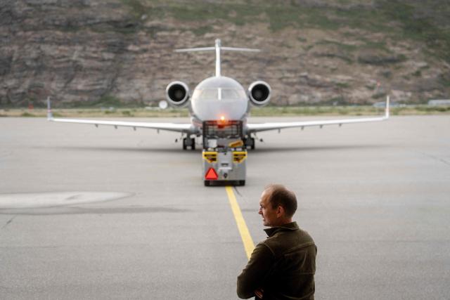Danish Defence Minister Jeppe Bruus (Social Democrats) arrives in Kangerlussuaq, Greenland, on the evening of June 21, 2026. Bad weather prevented his planned landing in Nuuk, forcing a diversion to Kangerlussuaq. (Photo by Mads Claus Rasmussen / Ritzau Scanpix / AFP) / Denmark OUT