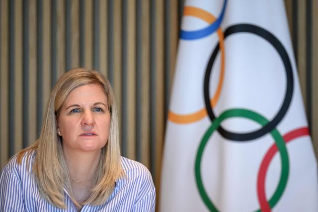 International Olympic Committee president (IOC) Kirsty Coventry looks on prior to an IOC executive commission meeting ahead of IOC session, at the Olympic House in Lausanne, on June 22, 2026. (Photo by Fabrice COFFRINI / AFP)