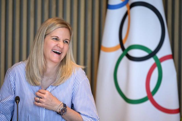 International Olympic Committee president (IOC) Kirsty Coventry reacts prior to an IOC executive commission meeting ahead of IOC session, at the Olympic House in Lausanne, on June 22, 2026. (Photo by Fabrice COFFRINI / AFP)