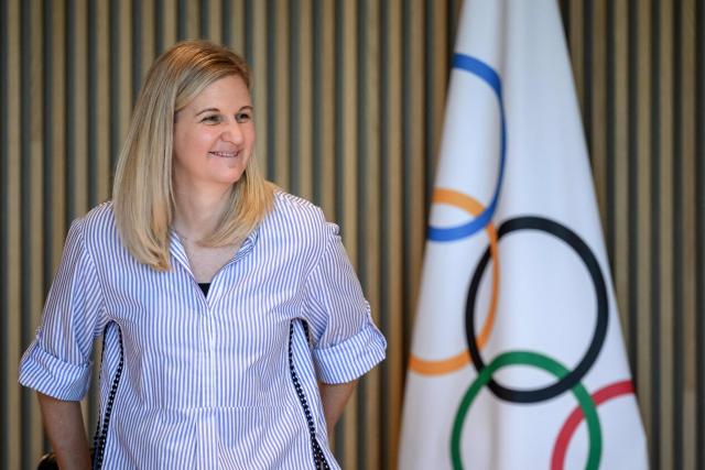International Olympic Committee president (IOC) Kirsty Coventry reacts prior to an IOC executive commission meeting ahead of IOC session, at the Olympic House in Lausanne, on June 22, 2026. (Photo by Fabrice COFFRINI / AFP)