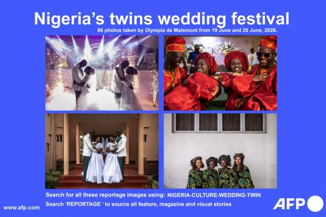 AFP presents a reportage of 86 photos taken by Olympia de Maismont bewteen June 19 and June 20, 2026, shows traditional wedding festival for twin couples at the International Conference Center in Ibadan.
In Yoruba culture, twins hold a special place. Regardless of gender, the first-born twin is traditionally named Taiwo, while the second-born is called Kehinde. It is common to see twins dressed alike from childhood, sometimes down to matching shoes, jewellery and accessories. That sense of twinning shaped every moment of the wedding weekend.. Search for all these reportage images using: NIGERIA-CULTURE-WEDDING-TWIN
Search "REPORTAGE" to source all feature, magazine and visual stories (Photo by Olympia DE MAISMONT / AFP)