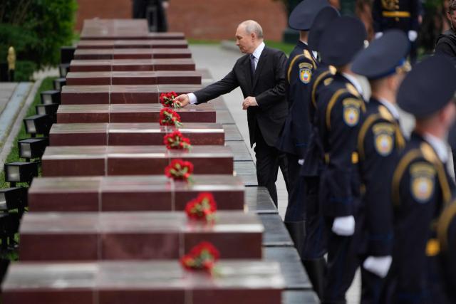 Russian President Vladimir Putin attends a wreath-laying ceremony marking the 85th anniversary of the Nazi Germany invasion into the Soviet Union in World War II on the Remembrance and Sorrow Day at the Tomb of the Unknown Soldier by the Kremlin wall in Moscow on June 22, 2026. (Photo by Pavel Bednyakov / POOL / AFP)