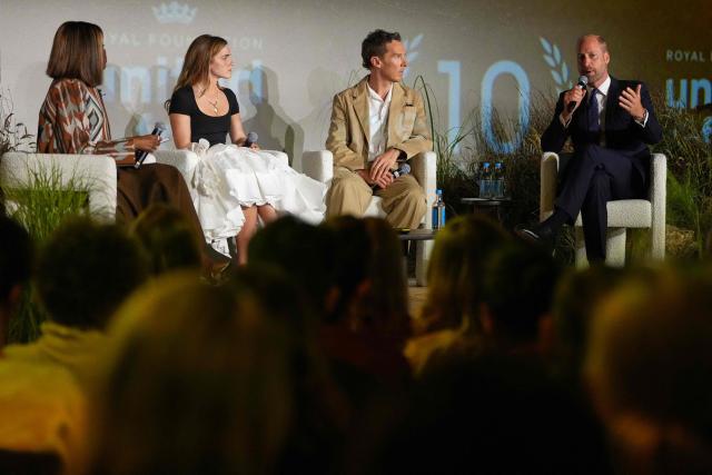 Britain's Prince William, Prince of Wales (R) speaks beside British actor Benedict Cumberbatch (2R), British actress Emma Watson (2L) and British Broadcaster June Sarpong (L) during a landmark Business Forum for The Royal Foundation's United for Wildlife in London on June 22, 2026. (Photo by Kirsty Wigglesworth / POOL / AFP)