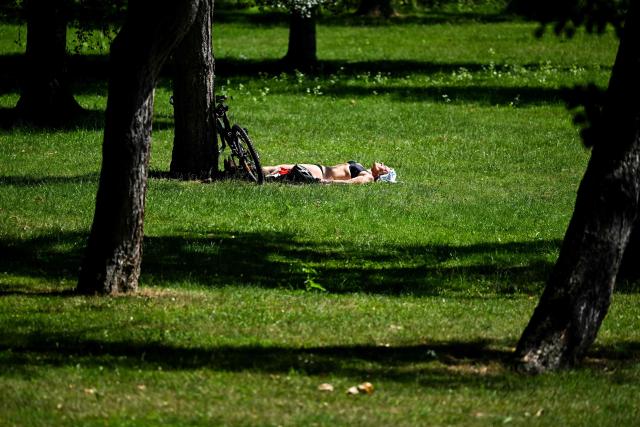 A person rests in the sun shining on a park in Frankfurt am Main, western Germany, on June 22, 2026, as air temperature reached 35 degrees Celsius. (Photo by Kirill KUDRYAVTSEV / AFP)