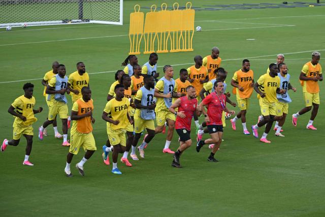 DR Congo's players take part in a MD-1 training session ahead of the team's 2026 World Cup football tournament match against Colombia at Houston Training Centre in Houston on June 22, 2026.  (Photo by RONALDO SCHEMIDT / AFP)