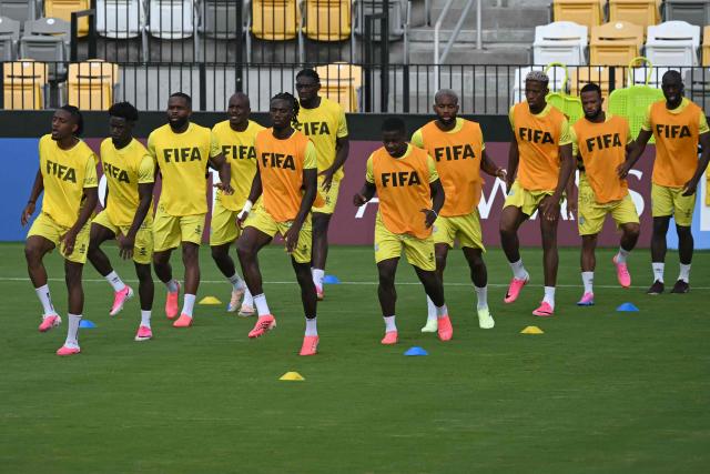 DR Congo's players take part in a MD-1 training session ahead of the team's 2026 World Cup football tournament match against Colombia at Houston Training Centre in Houston on June 22, 2026.  (Photo by RONALDO SCHEMIDT / AFP)