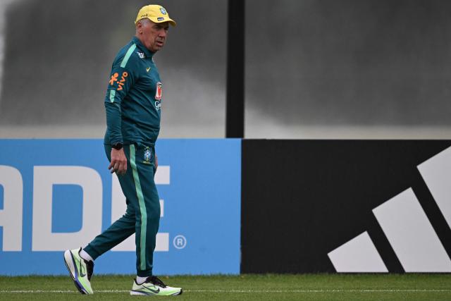 Brazil's Italian head coach Carlo Ancelotti takes part in a training session at the Columbia Park Training Facility in Morristown, New Jersey on June 22, 2026, during the 2026 World Cup football tournament.  (Photo by Mauro PIMENTEL / AFP)