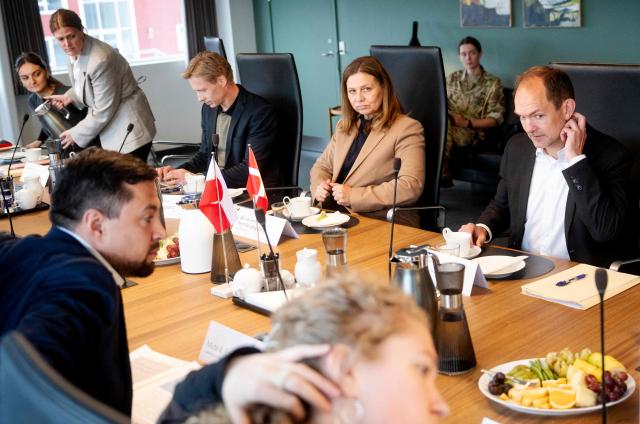 Danish Defence Minister Jeppe Bruus (R) meets with Greenlands Foreign Minister Mute B. Egede in Nuuk, on June 22, 2026. (Photo by Mads Claus Rasmussen / Ritzau Scanpix / AFP) / Denmark OUT