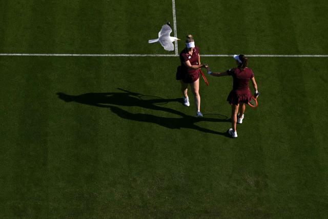 Brazil's Luisa Setfani and Canada's Gabriela Dabrowski high five as a seagull flies past during their women's doubles round of 16 tennis match on day one of the Lexus Eastbourne Open at Devonshire Park, Eastbourne, on the south coast of England on June 22, 2026. (Photo by Glyn KIRK / AFP)