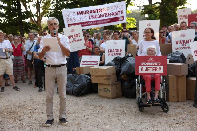 Spokesperson for pro-life organisation Alliance Vita, Tugdual Derville, speaks during a rally against the new French draft law on euthanasia and assisted suicide at Invalides, in Paris on June 22, 2026.  (Photo by Charlotte SIEMON / AFP)