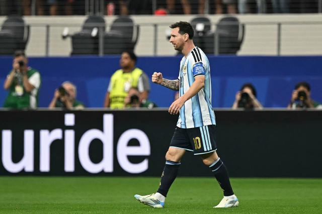 Argentina's forward #10 Lionel Messi celebrates after scoring the opening goal during the 2026 World Cup Group J football match between Argentina and Austria at the Dallas Stadium in Arlington on June 22, 2026.  (Photo by Paul ELLIS / AFP)